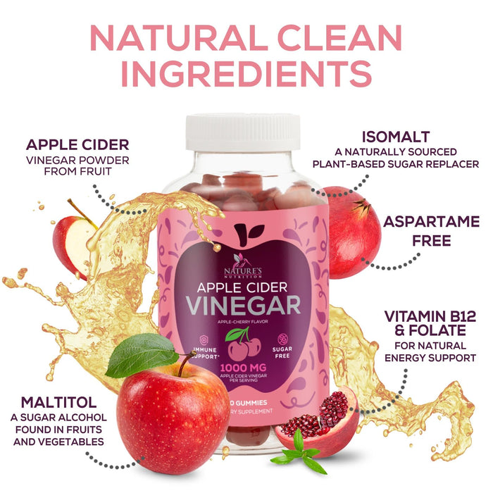Vegan Apple Cider Vinegar Gummy 1000mg - Sugar Free ACV Gummies Vitamins Supplement with Vitamin B12 for Energy - Supports Digestion, Detox and Cleanse - Gelatin-Free, Non-GMO - 120 Gummies