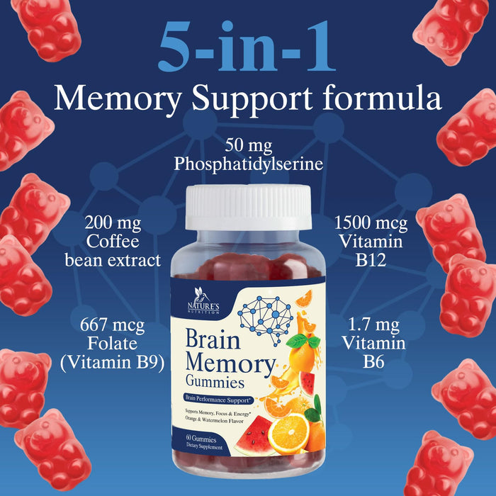 Brain Supplements Gummies for Memory, Focus, Concentration - Brain Gummy Vitamin Plus Nootropics, Phosphatidylserine, B6 & B12, Caffeine Free Nootropic, Clarity Support Supplement - 60 Gummies