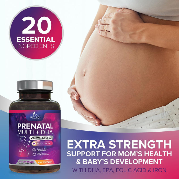 Prenatal Vitamins with Folic Acid & DHA, Fetal Brain Development Support with Folate & Omega 3's, Prenatal Multivitamin for Women, Vitamin A, C, D, B6, B12 & Iron, Pregnancy Supplement - 120 Softgels
