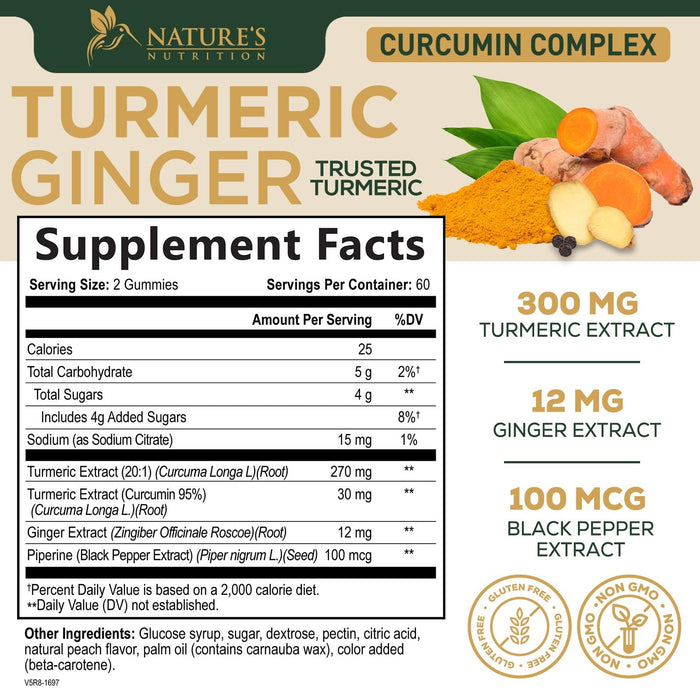 Turmeric and Ginger Gummies - Vegan Turmeric Curcumin Gummies with Black Pepper Extract for High Absorption, Nature's Curcumin Gummy for Joint Support Supplement, Non-GMO, Gluten Free - 120 Count
