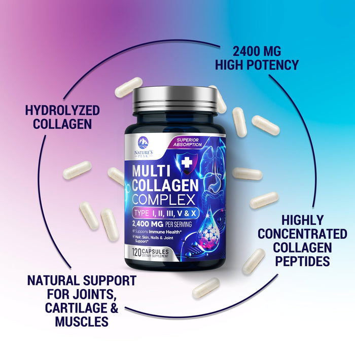 Multi Collagen Peptides Supplement for Hair, Nail, Skin - Type I, II, III, V, X, Collagen Powder Pills - Grass-Fed, Hydrolyzed for Bone and Joint Support for Women & Men, Non-GMO - 120 Capsules
