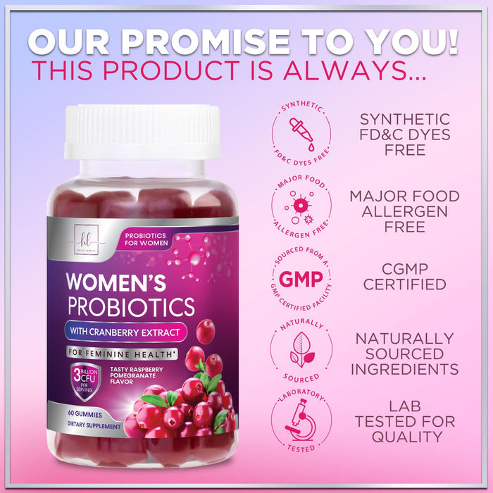 Probiotics for Women Gummies with Cranberry - 6 Premium Strains for PH Balance, Digestive Health, Vaginal & Immune Support, 3 Billion CFU, Women's Probiotic Gummy for Feminine Health - 60 Gummies