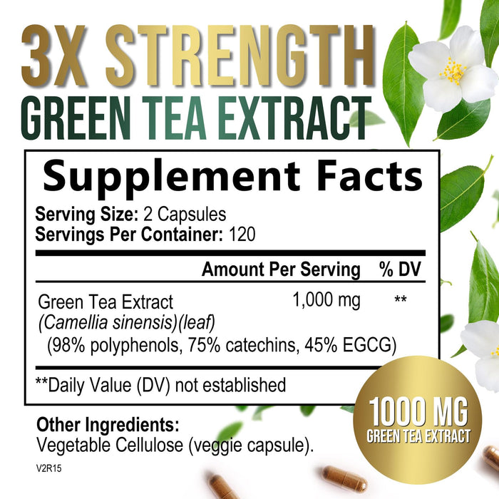 Green Tea Extract Capsules 1000mg with 98% Standardized Polyphenols & 45% EGCG for Heart Support with Antioxidants - 3X Absorption Green Tea Pills for Natural Energy, Gentle Caffeine - 240 Capsules