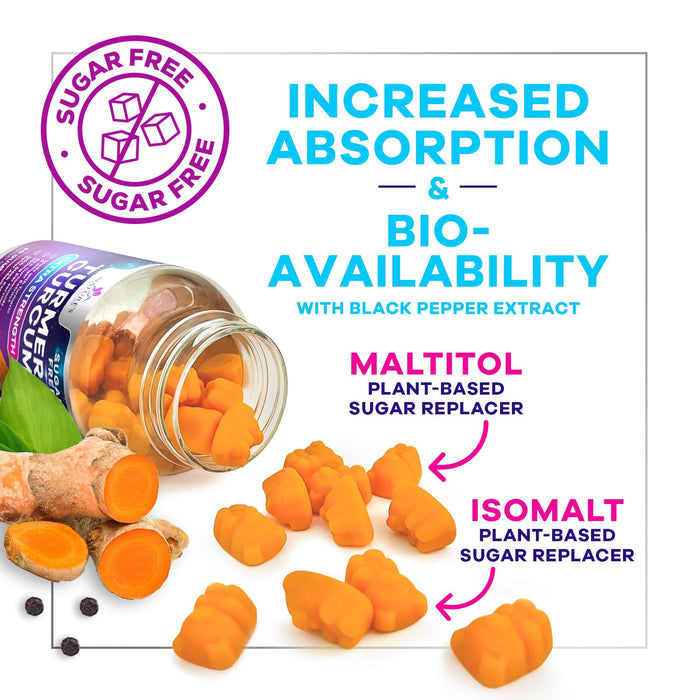 Turmeric Supplement Gummies Sugar Free - Turmeric Curcumin and Ginger Gummies with Black Pepper Extract for High Absorption, Turmeric Curcumin Gummy for Joint Support, Non-GMO, Gluten Free, 60 Count