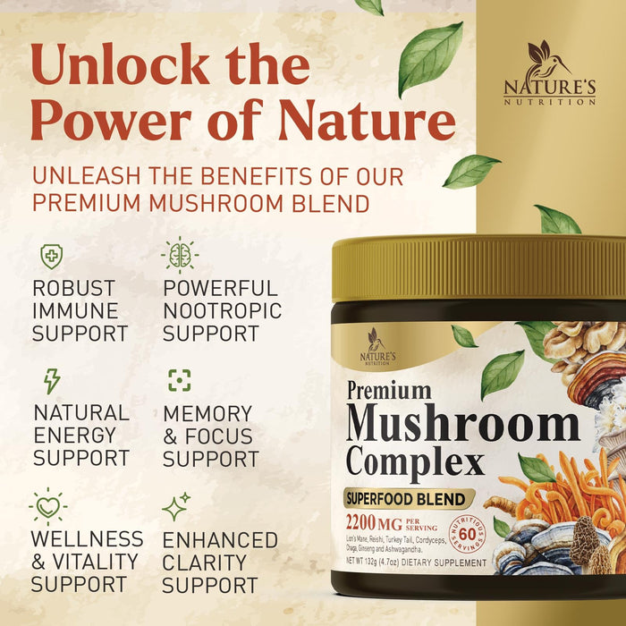 Mushroom Supplement Powder - 11 in 1 Complex Formula Powder with Organic Lions Mane, Reishi, Cordyceps, Chaga, Turkey Tail, Maitake Extract for Memory, Brain, Energy, & Immune Support - 60 Servings