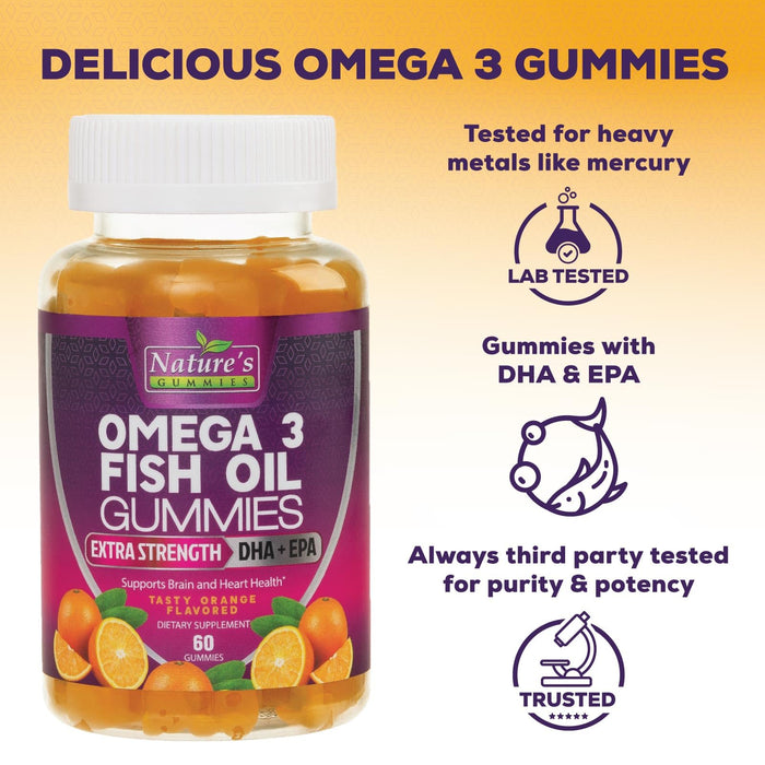Omega 3 Fish Oil Gummies, Heart Healthy Omega 3 Gummy Supplement with High Absorption DHA & EPA, Extra Strength Joint & Brain Support, Delicious Orange Flavor Fish Oil Nature's Vitamin - 60 Gummies