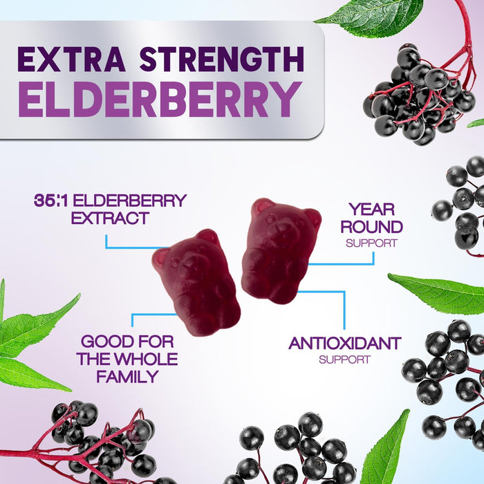 Elderberry Immune Support Gummies - Super Concentrated 35:1 Extract, Equivalent to 4200mg of Elderberries - Sambucus Black Elder Berry Vitamin Supplement, Daily Support for Kids & Adults - 60 Gummies
