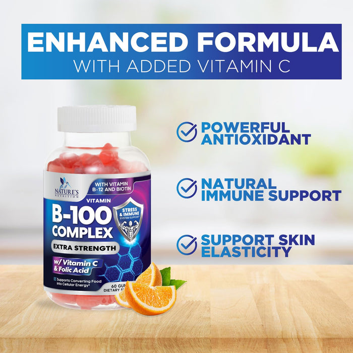 B Complex Supplement Gummies with Vitamin C & Folic Acid, Extra Strength Super Vitamin B Gummy with Niacin, B6, Folic Acid, B12, Biotin, Nature's Energy Immune Support Supplements - 60 Gummies