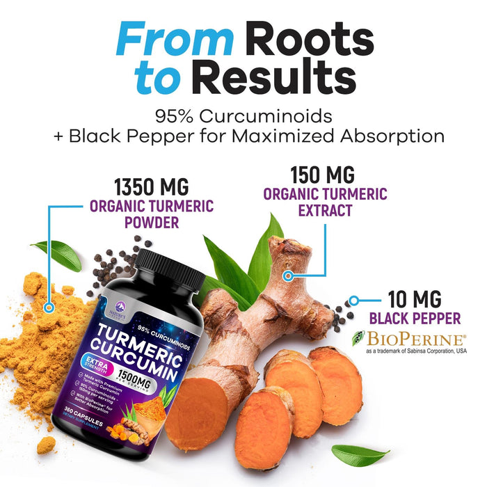 Turmeric Curcumin Supplement with BioPerine 95% Curcuminoids 1500mg with Black Pepper for Best Absorption - Best Natural Vegan Joint Support - Bottled in USA, Non-GMO, Organic Tumeric - 360 Capsules