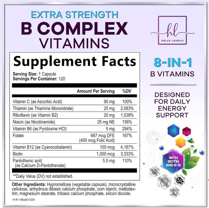 B Complex Vitamin Supplement 1000mcg - 3X Strength with Vitamin C & Folic Acid - Super B12 Complex Vitamins for Energy, Supports Hair Growth, Immune Support for Women & Men, USA Bottled, 120 Capsules