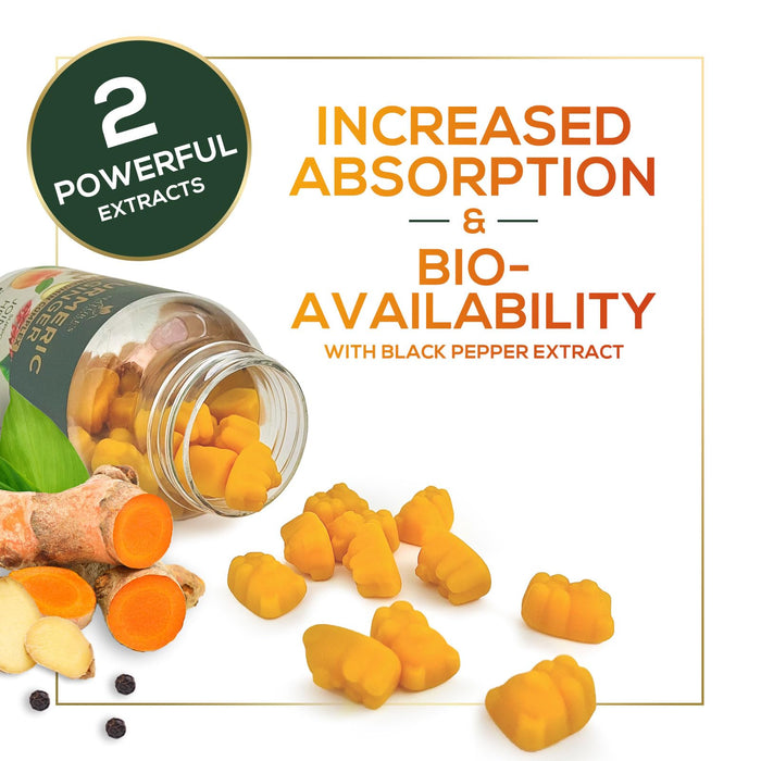 Turmeric and Ginger Gummies - Vegan Turmeric Curcumin Gummies with Black Pepper Extract for High Absorption, Nature's Curcumin Gummy for Joint Support Supplement, Non-GMO, Gluten Free - 60 Count