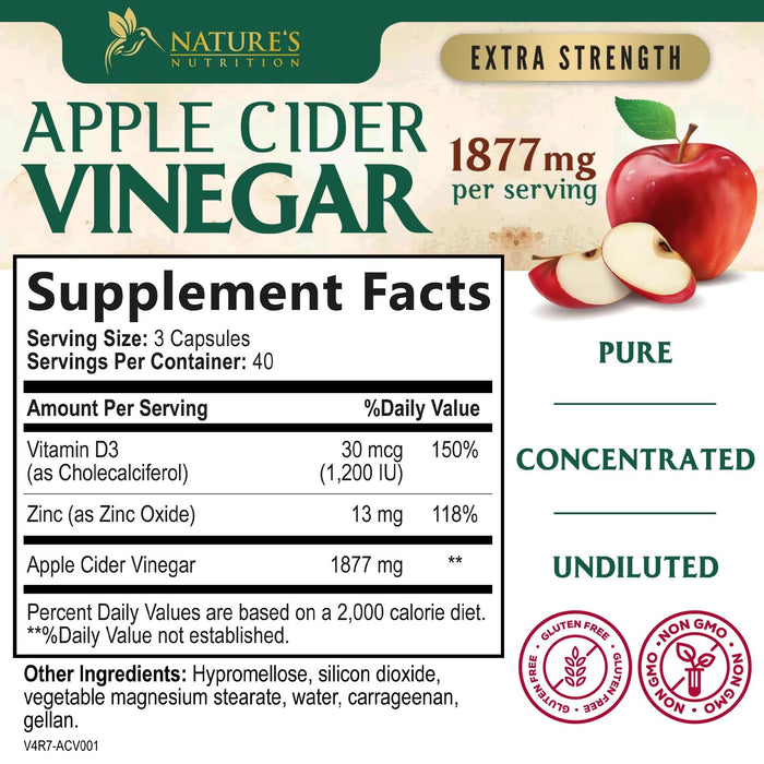 Apple Cider Vinegar Capsules 1877mg - Extra Strength Detox & Cleanse with Vitamin D & Zinc - Premium ACV Pills with Joint Natural Digestion & Immune Support - Vegetarian Supplement - 120 Capsules