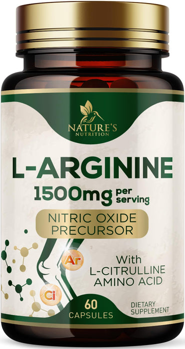 L-Arginine Supplement 1000mg with L-Citrulline - Heart Health Support - Muscle Supporting Nitric Oxide Precursor Booster for Extra Strength - Non-GMO Amino Acid Energy Blend For Men - 60 Capsules