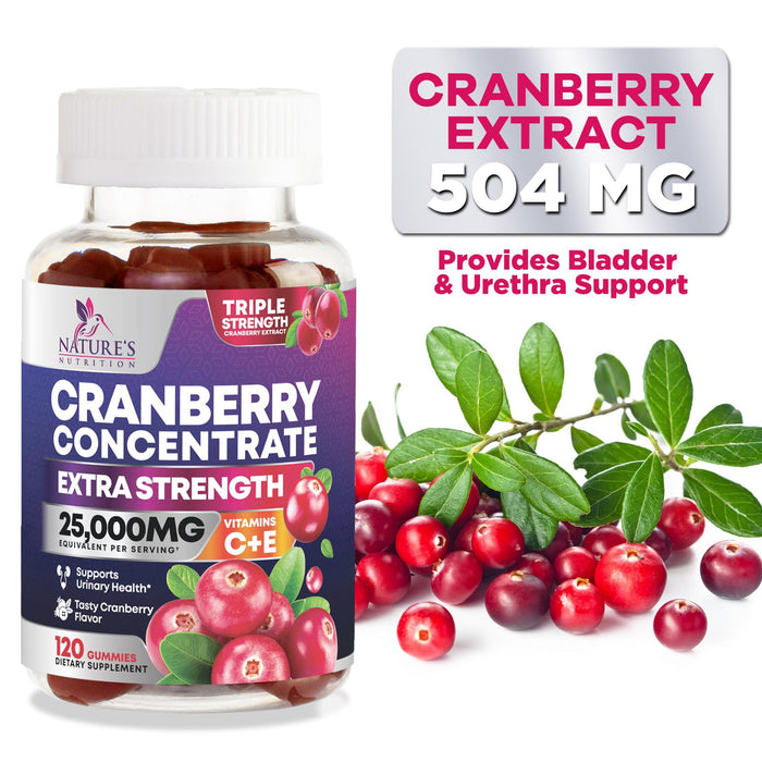Cranberry Gummies 50:1 Cranberry Extract - Urinary Tract Support Made with 25,000mg, Helps Cleanse & Protect, Cran Berry Gummy Supplement + Vitamin C, Chewable Cran Pills for Women - 120 Gummies