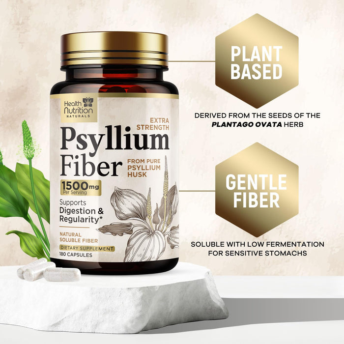 Psyllium Husk Fiber Caps 1500mg Supplement - Psyllium Husk Capsules Daily Support Digestive Health & Regularity, Nature's Plant Based Husks Natural Soluble Fiber Pills, Vegan, Non-GMO - 180 Capsules