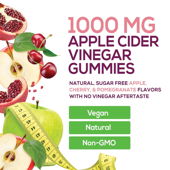 Vegan Apple Cider Vinegar Gummy 1000mg - Sugar Free ACV Gummies Vitamins Supplement with Vitamin B12 for Energy - Supports Digestion, Detox and Cleanse - Gelatin-Free, Non-GMO - 60 Gummies