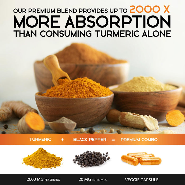 Turmeric Curcumin Supplement 2600mg - 95% Curcuminoids with Organic Turmeric & BioPerine Black Pepper for Best Absorption, Nature's Vegan Joint Support, Non-GMO Tumeric, Bottled in USA - 120 Capsules