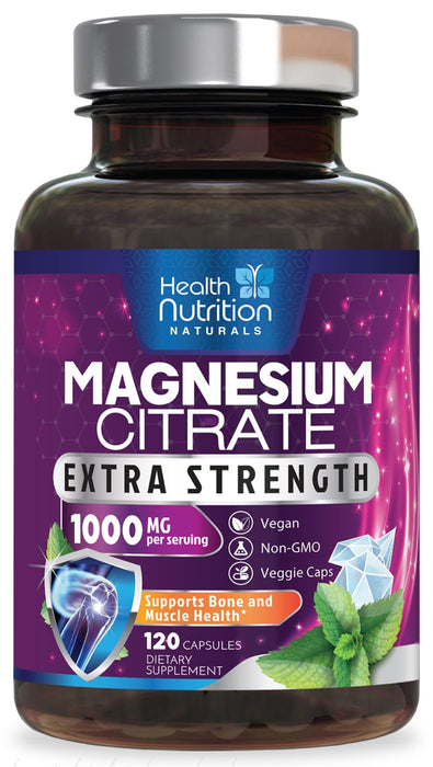 Magnesium Citrate Capsules 1000mg - Max Absorption Magnesium Powder for Muscle, Nerve, Bone and Heart Health Support, High Absorption Citrate Complex, Gluten Free, Non-GMO - 120 Capsules