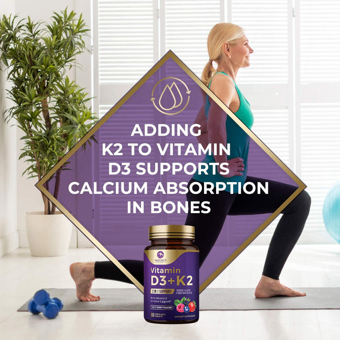 Vitamin D3 K2 - 5000 iu Vitamin D3 & 100 mcg Vitamin K2 (MK-7) Complex for Immune Support - Bone, Teeth & Muscle Health Support - Berry Chewable, Gluten Free, Non-GMO, Made in USA - 60 Tablets