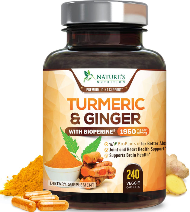 Turmeric Curcumin Supplement 1950mg - 95% Curcuminoids with Organic Turmeric & Ginger, BioPerine Black Pepper for Best Absorption, Nature's Vegan Joint Support, Non-GMO, Bottled in USA - 240 Capsules