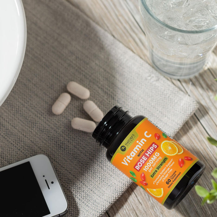 Vitamin C 1000mg Chewable Supplement - Extra Strength Immune Support Vitamin C Dietary Supplement with Rose HIPS, Nature's VitaminC Antioxidant Support, Natural, Vegan, Orange Flavor - 60 Tablets