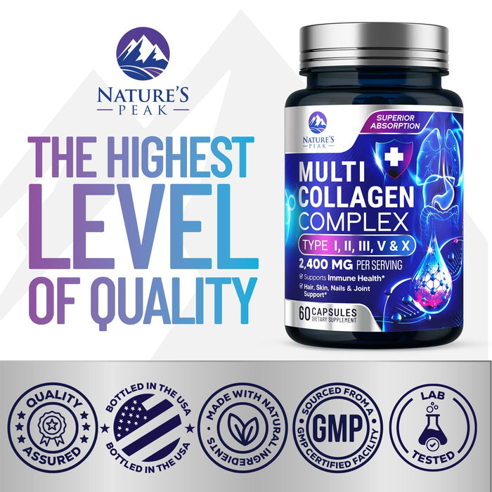 Multi Collagen Peptides Supplement for Hair, Nail, Skin - Type I, II, III, V, X, Collagen Powder Pills - Grass-Fed, Hydrolyzed for Bone and Joint Support for Women & Men, Non-GMO - 60 Capsules