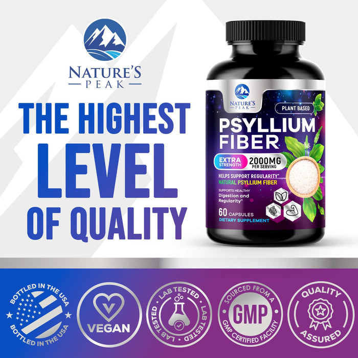 Psyllium Husk Fiber Supplement 1500mg - Vegan Prebiotic, Soluble Fiber for Daily Digestive Health & Regularity Support, Natural Psyllium Powder Caps, Sugar-Free, Non-GMO & Gluten-Free - 60 Capsules