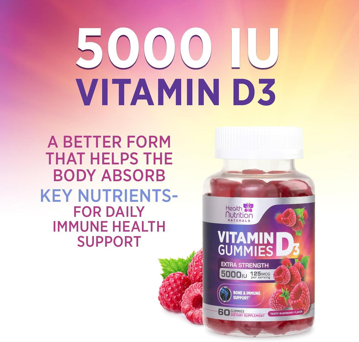 Vitamin D3 Gummies 5000 IU (125 mcg) - Extra Strength Immune Support, Bone, Teeth and Muscle Vitamin D Gummy Dietary Supplement, Nature's Berry D Vitamin Supplement, Raspberry, Non-GMO - 60 Gummies