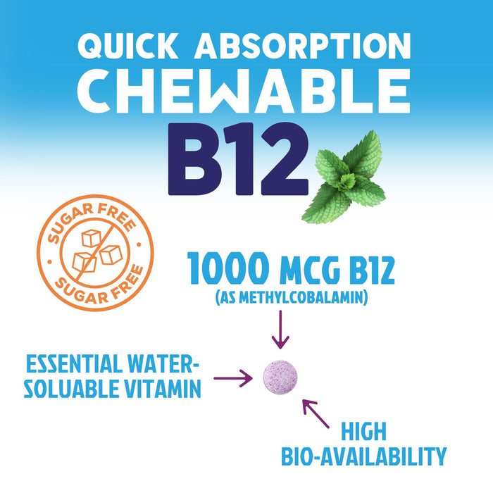 Vitamin B12 1000 mcg (Methylcobalamin) Super B 12 Complex Dietary Supplement for Energy & Immune Support, Vegan, Sugar-Free, Sublingual, Tasty Raspberry Flavor - 60 Chewable Tablets, 60 Day Supply