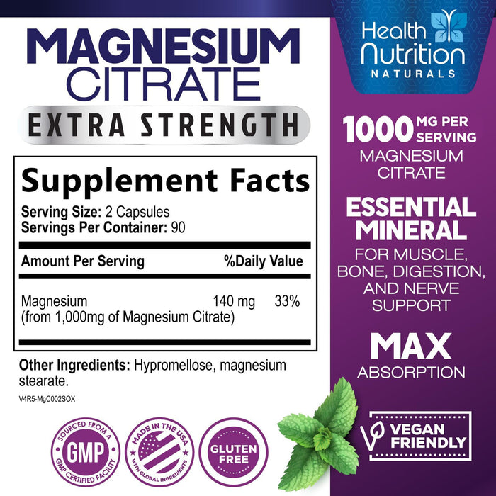 Magnesium Citrate Capsules 1000mg – 180 Capsules