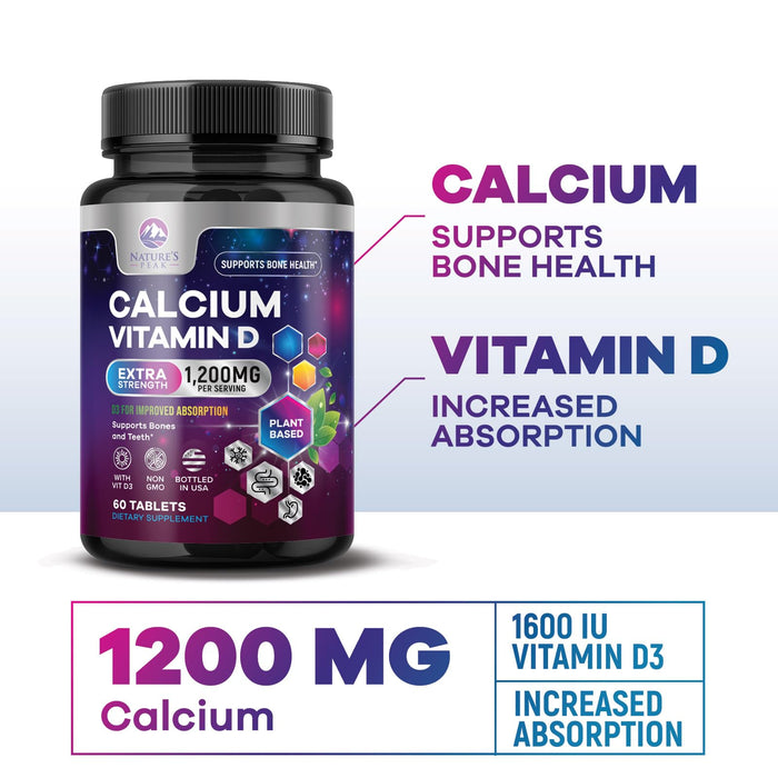 Calcium 1200 mg with Vitamin D3, Calcium Supplement Vitamins, Bone, Teeth & Immune Health Support, Calcium Supplements with D for Women & Men, Nature's Absorbable Calcium Carbonate - 60 Tablets