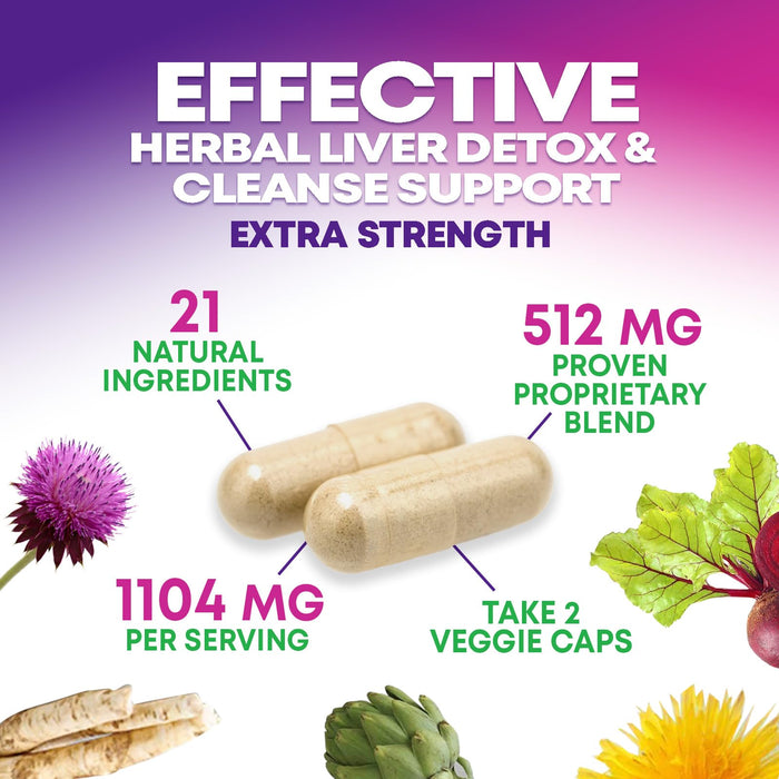 Gentle Liver Cleanse Detox & Repair Formula - Herbal Liver Support Supplement: Milk Thistle with Silymarin, Artichoke Extract, Dandelion, Beet, Chicory Root, & Turmeric for Liver Health - 60 Capsules