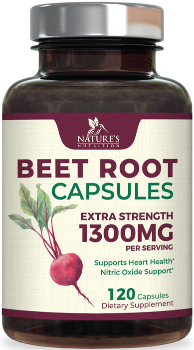 Beet Root Capsules 1300mg - Extra Strength Red Beetroot Powder Supplement – Supports Nitric Oxide Production, Heart Health & Natural Energy – Non-GMO, Vegan, Gluten Free – 120 Veggie Capsules