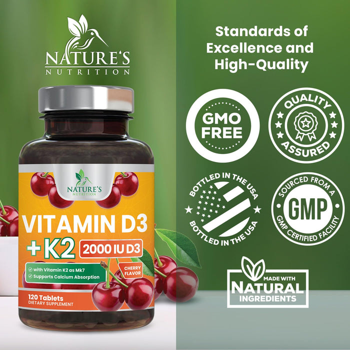Vitamin D3 K2 2000 IU Plus with K2 (MK-7) 75 mcg - Vitamins D & K Complex Supplement for Bone, Teeth, Muscle, Calcium Absorption, Supports Immune & Heart Health, Non-GMO Chewable Formula - 120 Tablets