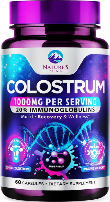 Colostrum Supplement 1000mg 20% Immunoglobulins for Gut Health, Immune Support, Muscle, Skin & Hair Growth, Bovine Colostrum Powder, Nature's Colostrum for Women & Men, Bottled in USA - 60 Capsules