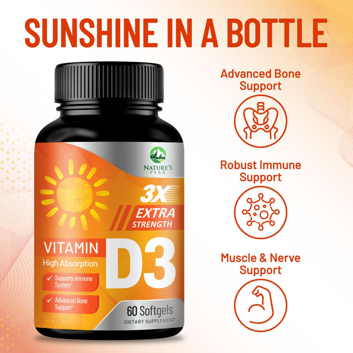 Vitamin D3 5000 IU Softgels (125 mcg) - Extra Strength Vitamins D-3 Dietary Supplement for Bone, Teeth, Muscle Health & Immune Support, Rapid Absorbtion Mini D Softgel, Non-GMO, Gluten Free - 60 Count
