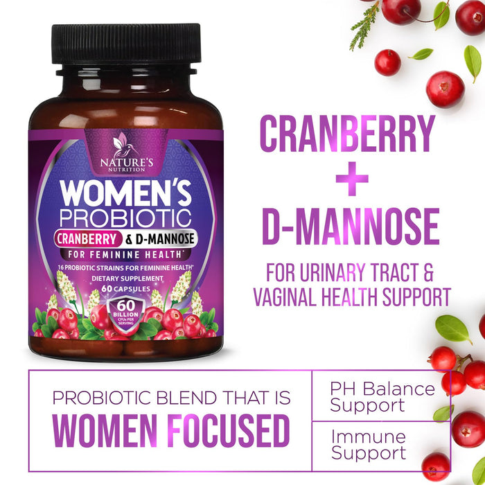 Probiotics for Women 60 Billion CFU - 16 Strains, Prebiotics & Cranberry, PH Balance, Digestive Health, Vaginal & Immune Support, Womens Probiotic for Gut Health, Shelf Stable - 60 Capsules