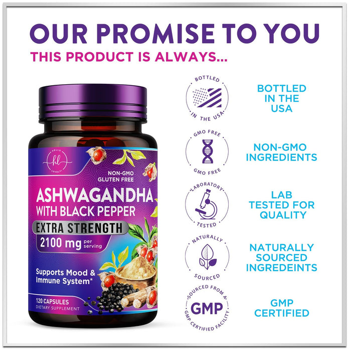 Ashwagandha 2,100 mg - Ashwagandha Supplements for Women in Veggie Capsules with Powder & Root Extract, Black Pepper for High Absorption, Plant Based, Non-GMO, Bottled in the USA - 120 Veggie Capsules