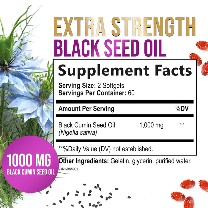 Black Seed Oil 1000mg - Premium Extra Strength Nigella Sativa Blackseed Oil - Black Seed Oil Skin, Digestive Health & Immune Support - Non-GMO Antioxidant, Gluten Free Supplement - 120 Softgels