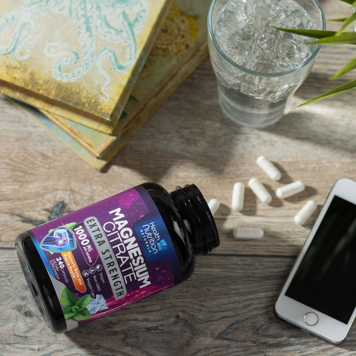 Magnesium Citrate Capsules 1000mg - Max Absorption Magnesium Powder for Muscle, Nerve, Bone and Heart Health Support, High Absorption Citrate Complex, Gluten Free, Non-GMO - 240 Capsules
