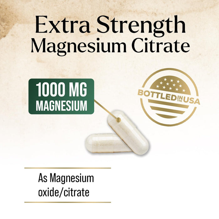 Magnesium Citrate 1000mg - High Absorption Magnesium Supplement Supports Muscle, Bone, Nerve & Heart Health - Extra Strength Magnesio Complex Pills - Non-GMO, Premium Energy Formula - 60 Capsules