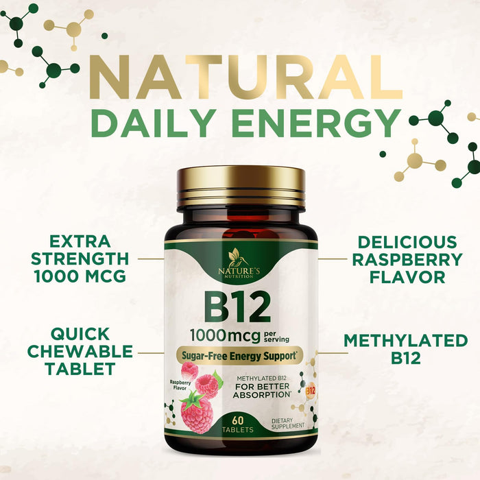 Vitamin B12 (Methylcobalamin) 1000 mcg - Chewable Tablet for Energy, Nervous System & Brain Support - Maximum Strength, Fast Dissolve, Vegan, Gluten-Free, Non-GMO for Women & Men - 60 Tablets
