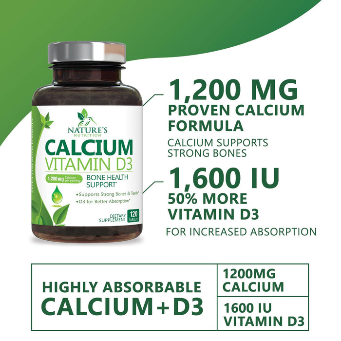 Calcium Supplement with Vitamin D - 1200 mg Calcium Carbonate with 1600 IU of D3 Vitamins - Supports Bone Strength, Teeth & Immune System - Natural & Easily Absorbable for Women & Men - 120 Tablets