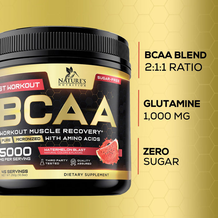 BCAA Powder 4g BCAA Amino Acids 2:1:1, 1g L-Glutamine, Vitamin B6 Complex - Energy Daily Powder Replenisher Post Workout - Muscle Recovery Support Drink for Men & Women, Sugar Free, Keto - 45 Servings