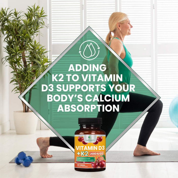 Vitamin D3 K2 2000 IU Plus with K2 (MK-7) 75 mcg - Vitamins D & K Complex Supplement for Bone, Teeth, Muscle, Calcium Absorption, Supports Immune & Heart Health, Non-GMO Chewable Formula - 60 Tablets