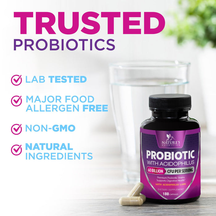 Probiotics 60 Billion CFU per Serving - 10 Strains + Prebiotics - Digestive Health, Gut & Immune Support - Supports Occasional Constipation, Gas & Bloating for Women & Men Shelf Stable - 180 Capsules