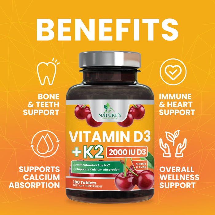 Vitamin D3 K2 2000 IU Plus with K2 (MK-7) 75 mcg - Vitamins D & K Complex Supplement for Bone, Teeth, Muscle, Calcium Absorption, Supports Immune & Heart Health, Non-GMO Chewable Formula - 180 Tablets