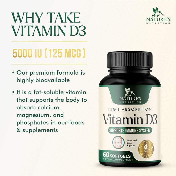 Vitamin D3 Supplement 5000IU (125 mcg) - Extra Strength Vitamins D-3 Dietary Softgels for Bone, Teeth, Muscle Health & Immune Support, Rapid Absorbtion Mini D Softgel, Non-GMO, Gluten Free - 60 Count