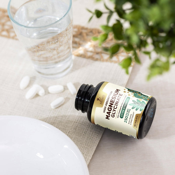 Magnesium (Glycinate) - Magnesium Supplement for Heart Health, Nerve, Muscle, Bone, and Sleep Support - 100% Chelated & High Absorption - 250 mg per Serving - Gluten Free, Vegan, Non-GMO - 60 Count