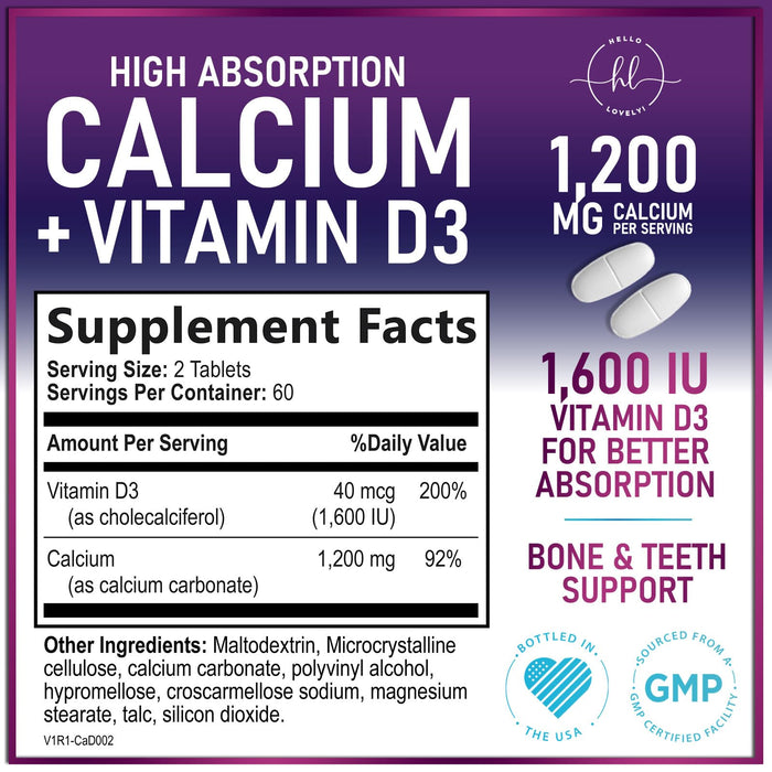 Calcium Supplements for Women 1200 mg Plus 1600 IU Vitamin D3, Bone Health, Teeth & Immune Support - Mineral Supplement with Vitamin D High Absorbable Premium 600 mg Calcium Carbonate - 120 Tablets